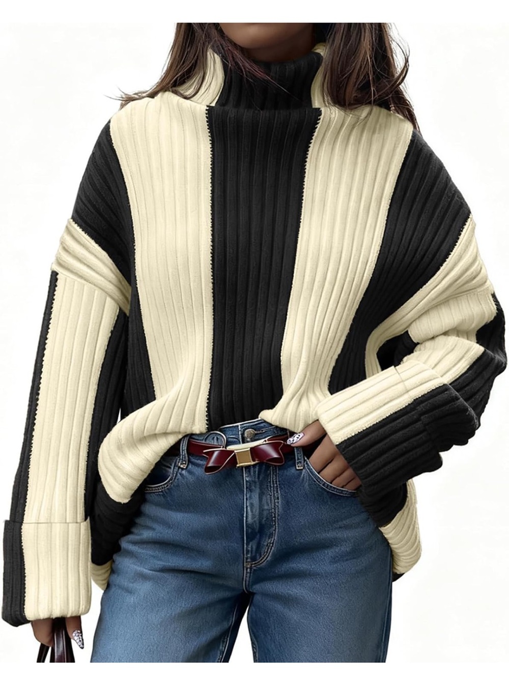 Ribbed Colorblock Turtleneck Sweater - Cream & Black size L